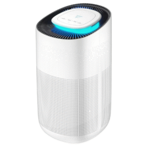 Angled close-up of the white air purifier, showcasing its modern perforated design and illuminated blue LED control panel.