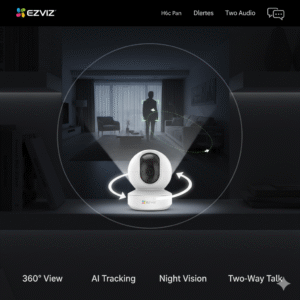 EZVIZ H6c Pro demonstrating infrared night vision and AI motion tracking capability in a low-light indoor setting.