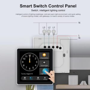 Smart Switch Control Panel showing wiring diagram for intelligent lighting control, with touch screen interface for chandelier, downlight, and light strip, featuring time and date display.