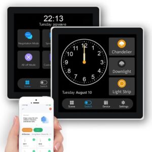 Smart Switch Control Panel interface displaying scene modes and lighting controls, with a smartphone showing remote app control for seamless smart home device management.