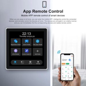 Smart Switch Control Panel showing various scene modes for smart devices, accompanied by a smartphone demonstrating mobile APP remote control functionality from anywhere.