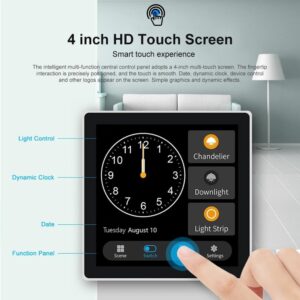 4-inch HD touch screen of the Smart Switch Control Panel, detailing light control, dynamic clock, date, and function panel for an intuitive smart home experience.