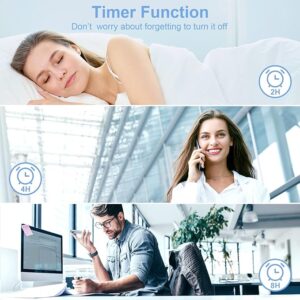 Air purifier timer function demonstrated across sleeping (2H), work (4H), and office (8H) scenarios, emphasizing convenience and energy saving.