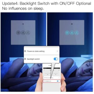 Smart fan switch with optional backlight feature demonstrated, showing an individual sleeping undisturbed and a smartphone interface with the backlight toggle set to OFF, emphasizing no sleep interference.