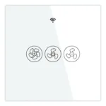 White smart fan switch with three fan speed icons and a Wi-Fi indicator, featuring a glossy minimalist design for modern homes.