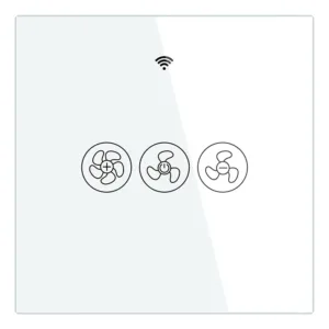 White smart fan switch with three fan speed icons and a Wi-Fi indicator, featuring a glossy minimalist design for modern homes.