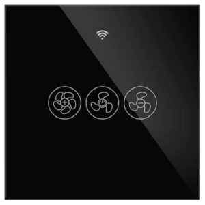 Black smart fan switch with three fan speed control icons and a Wi-Fi indicator, showcasing a modern, glossy finish suitable for smart home systems.