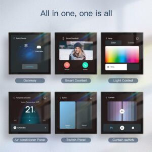 Smart Control Panel interface showcasing "All in one" control for smart doorbell, light control, HVAC, smart switches, and curtains from a single device.