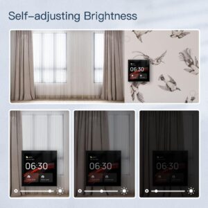 Smart Control Panel demonstrating self-adjusting screen brightness adapting to varying room light conditions, from bright to dark, for optimal visibility.
