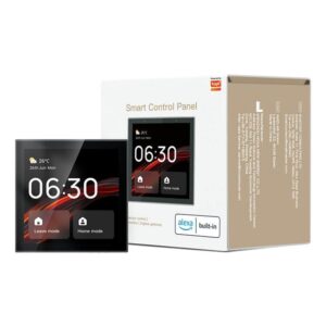 Smart Control Panel and its retail packaging, highlighting Tuya integration and "Alexa built-in" feature for voice control and smart home management.