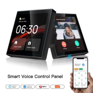 Two Smart Control Panels angled to show front and side, with a smartphone displaying the app, highlighting "Smart Voice Control Panel" compatible with Alexa, Smart Life, Zigbee, and Tuya.