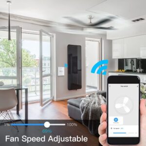 Modern living room with a ceiling fan and a smart fan switch, showcasing a smartphone app interface with a slider to adjust fan speed from 1% to 100% via Wi-Fi.