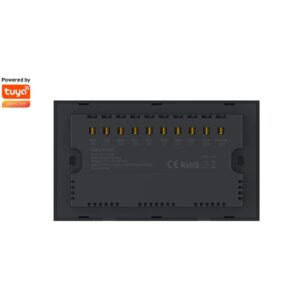 Back view of a Tuya-powered 8-gang light switch, revealing wiring terminals for 'Out L1-L8', 'Live Wire', and 'Neutral Wire', with technical specifications and 'Made in China' visible.