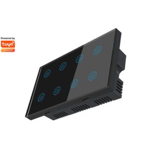 Angled perspective of a black Tuya smart 8-gang light switch with illuminated blue touch icons, demonstrating a sleek, modern design.