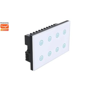 Angled perspective of a white Tuya smart 8-gang light switch with illuminated blue touch icons, highlighting its sleek and modern design.