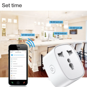 Tuya smart plug app on a smartphone setting schedules in a modern kitchen, demonstrating timed appliance control for turning devices on/off at specific times (e.g., 07:00, 18:30, 22:00).