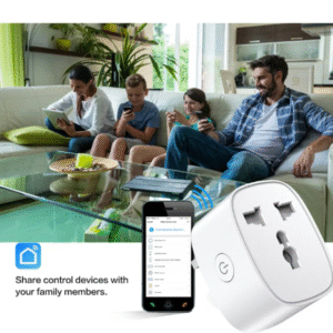Family on a sofa with smart plug and phone, illustrating the "Device Sharing" feature to share control of smart devices with multiple family members.