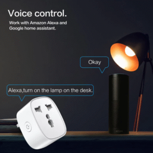 Tuya smart plug and Amazon Echo demonstrating voice control: Alexa turning on a desk lamp, highlighting compatibility with Amazon Alexa and Google Home assistant.