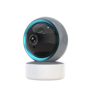 Indoor smart PTZ camera with a distinctive blue LED ring around the lens, indicating status or smart features.