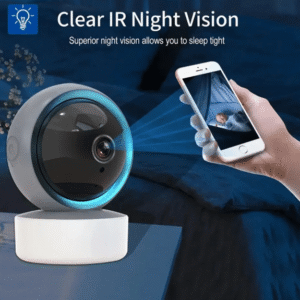 Indoor smart camera with clear IR night vision displayed on a smartphone, showing a sleeping baby, promoting peace of mind for parents.
