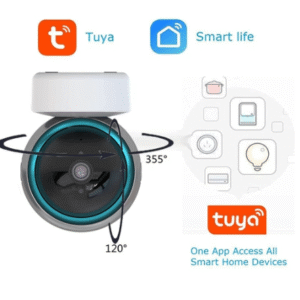 Smart indoor camera with 355° pan and 120° tilt, demonstrating integration with Tuya and Smart Life apps for unified smart home control.