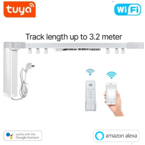 Smart curtain track system with motor, remote control, and smartphone app control, highlighting Tuya, Wi-Fi, Google Assistant, and Amazon Alexa compatibility, with track length up to 3.2 meters.