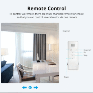 Smart curtain track system remote control detailing multi-channel RF control for operating several motors from one remote, shown with a living room background.