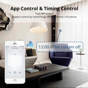 Smartphone displaying Tuya app for "App Control & Timing Control" of smart curtains, showing a scheduled event for curtains to close at 12:00 in a modern living room.