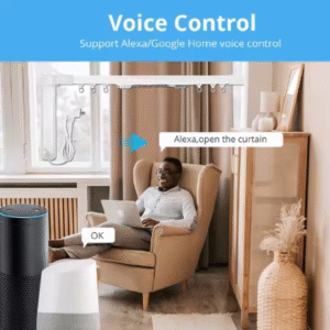 Man using Amazon Alexa for voice control to open smart curtains, demonstrating integration with Alexa/Google Home for convenient hands-free operation.
