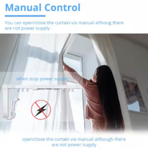 Person manually pulling a smart curtain, demonstrating manual control capability even when there is no power supply to the smart curtain track system.