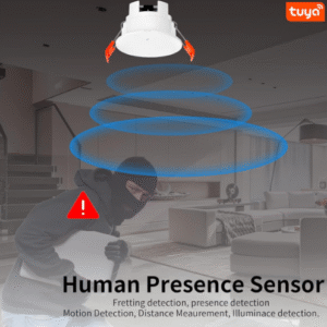 Illustration of a 5.8G radar sensor detecting an intruder in a living room, highlighting its human presence detection capabilities for security, motion, distance, and illuminance measurement.