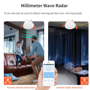 Millimeter Wave Radar sensor demonstrating human motion detection (child playing) and human static detection (person sleeping), showing its ability to detect both moving and non-moving people.