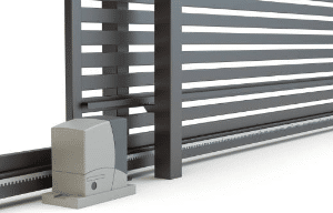 Rendered image of a modern dark grey automatic sliding gate with a compact gate motor installed, showcasing sleek integration and automated entry.