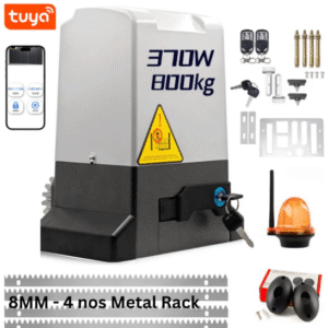 Complete kit for a Tuya smart 370W/800kg automatic sliding gate motor, showing motor, remotes, mounting, warning light, infrared sensors, and 4 metal racks.