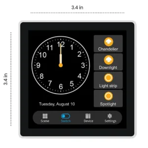 Dimensions of the Smart Switch Control Panel, measuring 3.4 inches by 3.4 inches, showing its compact size and touch screen interface.
