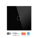 Black smart light switch with a single Squricle touch control button, highlighting compatibility with Wi-Fi, Amazon Alexa, Google Home, Tuya Smart, and Smart Life.