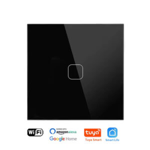 Black smart light switch with a single Squricle touch control button, highlighting compatibility with Wi-Fi, Amazon Alexa, Google Home, Tuya Smart, and Smart Life.