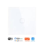 White smart light switch with a single Squricle touch control button, highlighting compatibility with Wi-Fi, Amazon Alexa, Google Home, Tuya Smart, and Smart Life.