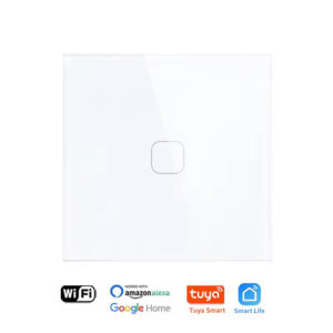 White smart light switch with a single Squricle touch control button, highlighting compatibility with Wi-Fi, Amazon Alexa, Google Home, Tuya Smart, and Smart Life.