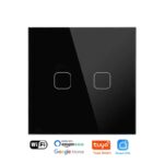 Black Squricle smart light switch with two distinct touch control buttons, highlighting compatibility with Wi-Fi, Amazon Alexa, Google Home, Tuya Smart, and Smart Life.