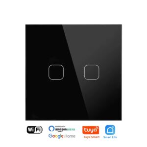 Black Squricle smart light switch with two distinct touch control buttons, highlighting compatibility with Wi-Fi, Amazon Alexa, Google Home, Tuya Smart, and Smart Life.