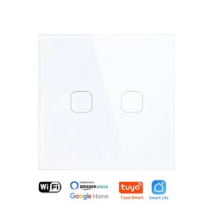 White Squricle smart light switch with two distinct touch control buttons, highlighting compatibility with Wi-Fi, Amazon Alexa, Google Home, Tuya Smart, and Smart Life.