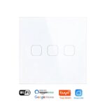 White Squricle smart light switch with three distinct touch control buttons, highlighting compatibility with Wi-Fi, Amazon Alexa, Google Home, Tuya Smart, and Smart Life.