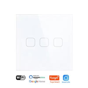 White Squricle smart light switch with three distinct touch control buttons, highlighting compatibility with Wi-Fi, Amazon Alexa, Google Home, Tuya Smart, and Smart Life.