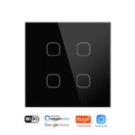 Black Squricle smart light switch with four distinct touch control buttons, highlighting compatibility with Wi-Fi, Amazon Alexa, Google Home, Tuya Smart, and Smart Life.