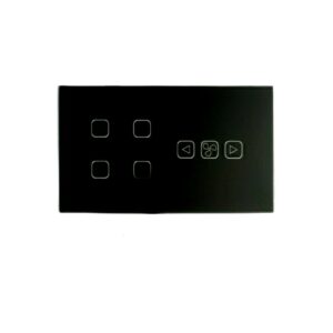 Black Squricle smart light and fan switch with four square touch buttons for lights and three fan control buttons (up, fan icon, down) for speed adjustment, featuring a sleek glass panel design.