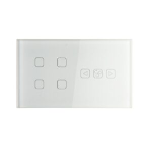 White Squricle smart light and fan switch with four square touch buttons for lights and three fan control buttons (up, fan icon, down) for speed adjustment, featuring a sleek glass panel design