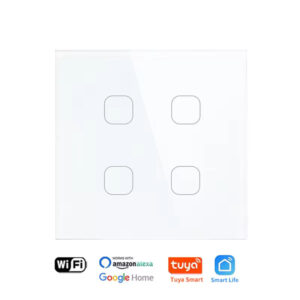 White Squricle smart light switch with four distinct touch control buttons, highlighting compatibility with Wi-Fi, Amazon Alexa, Google Home, Tuya Smart, and Smart Life.