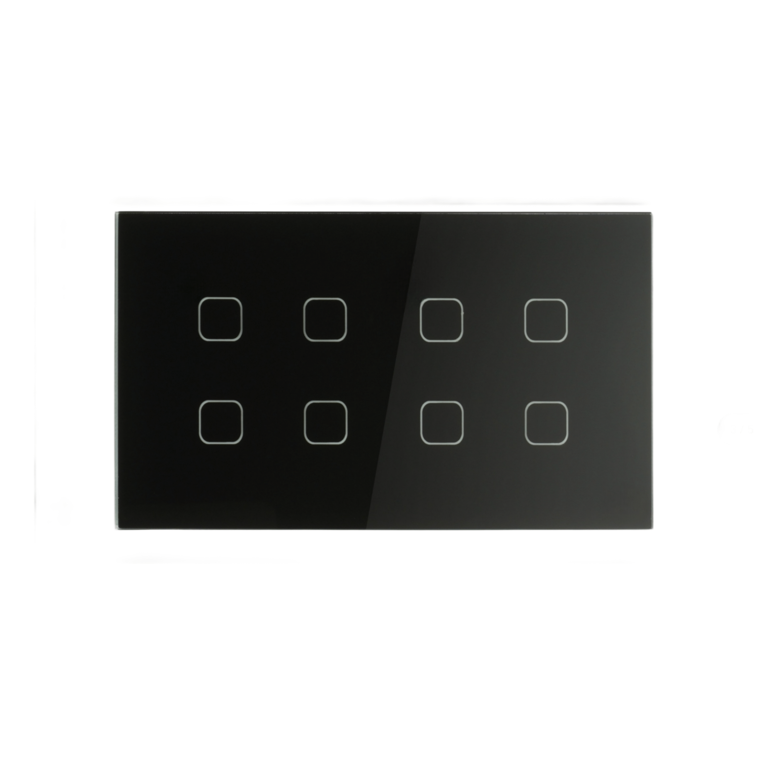 Black Squricle 8-gang smart light switch with eight square touch control buttons arranged in two rows, showcasing a sleek, minimalist glass panel design.