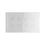 White Squricle 8-gang smart light switch with eight square touch control buttons arranged in two rows, showcasing a sleek, minimalist glass panel design.